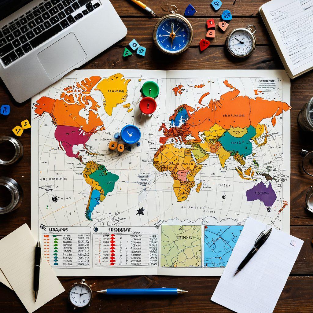 A detailed map spread out on a wooden table, illustrating various insurance policies represented by colorful pins and icons such as shields and checkmarks. The background features an open notebook with coverage notes and a calculator, surrounded by a compass and magnifying glass symbolizing navigation. The lighting is warm and inviting, emphasizing the exploratory nature of understanding insurance. super-realistic. vibrant colors. soft focus.