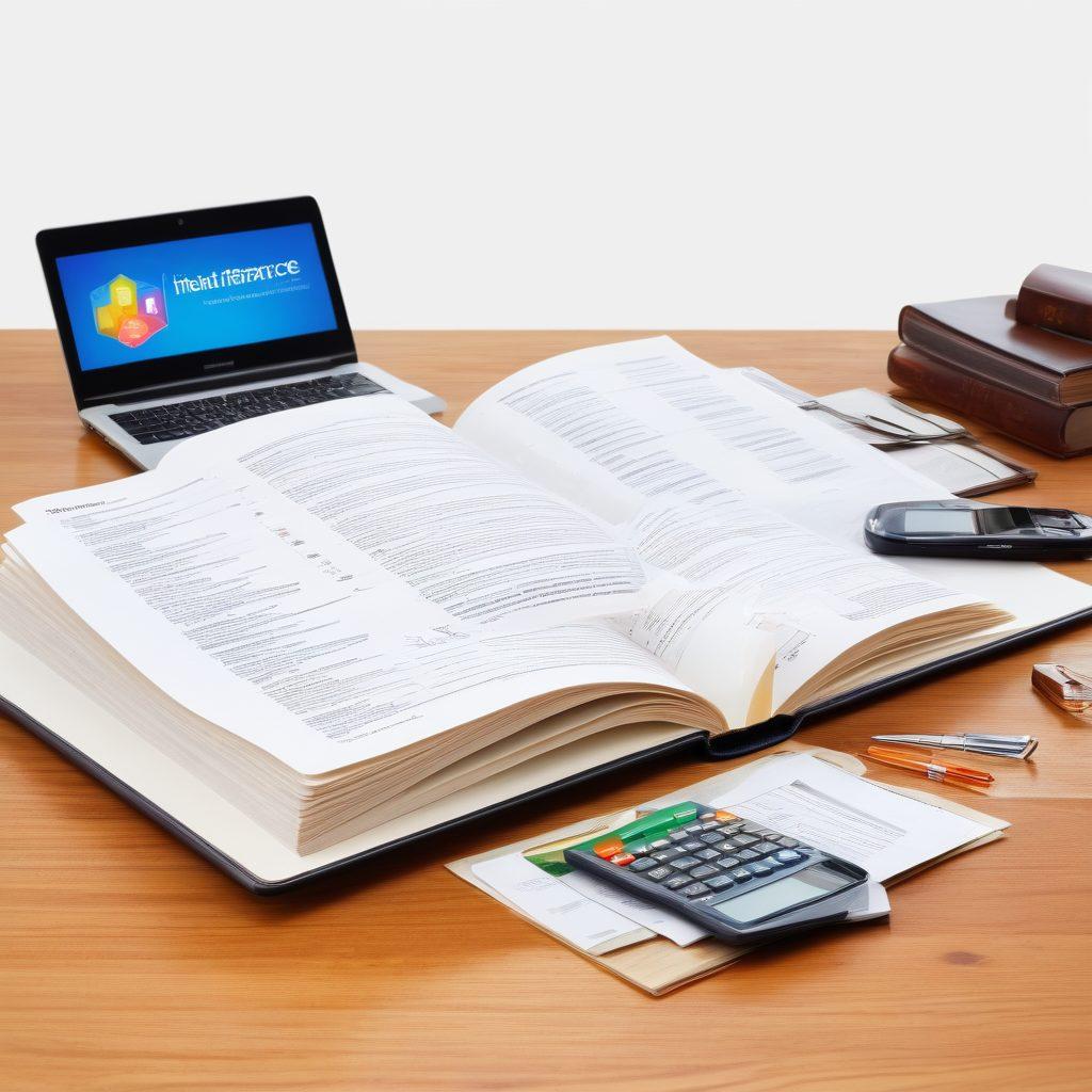 An open book with pages revealing various insurance policies, set on a wooden table. Surrounding the book are icons representing different insurance aspects: health, auto, home, and life, in vibrant colors. A laptop and a calculator are nearby, symbolizing research and planning. Soft warm lighting to create a friendly, informative atmosphere. super-realistic. vibrant colors. white background.